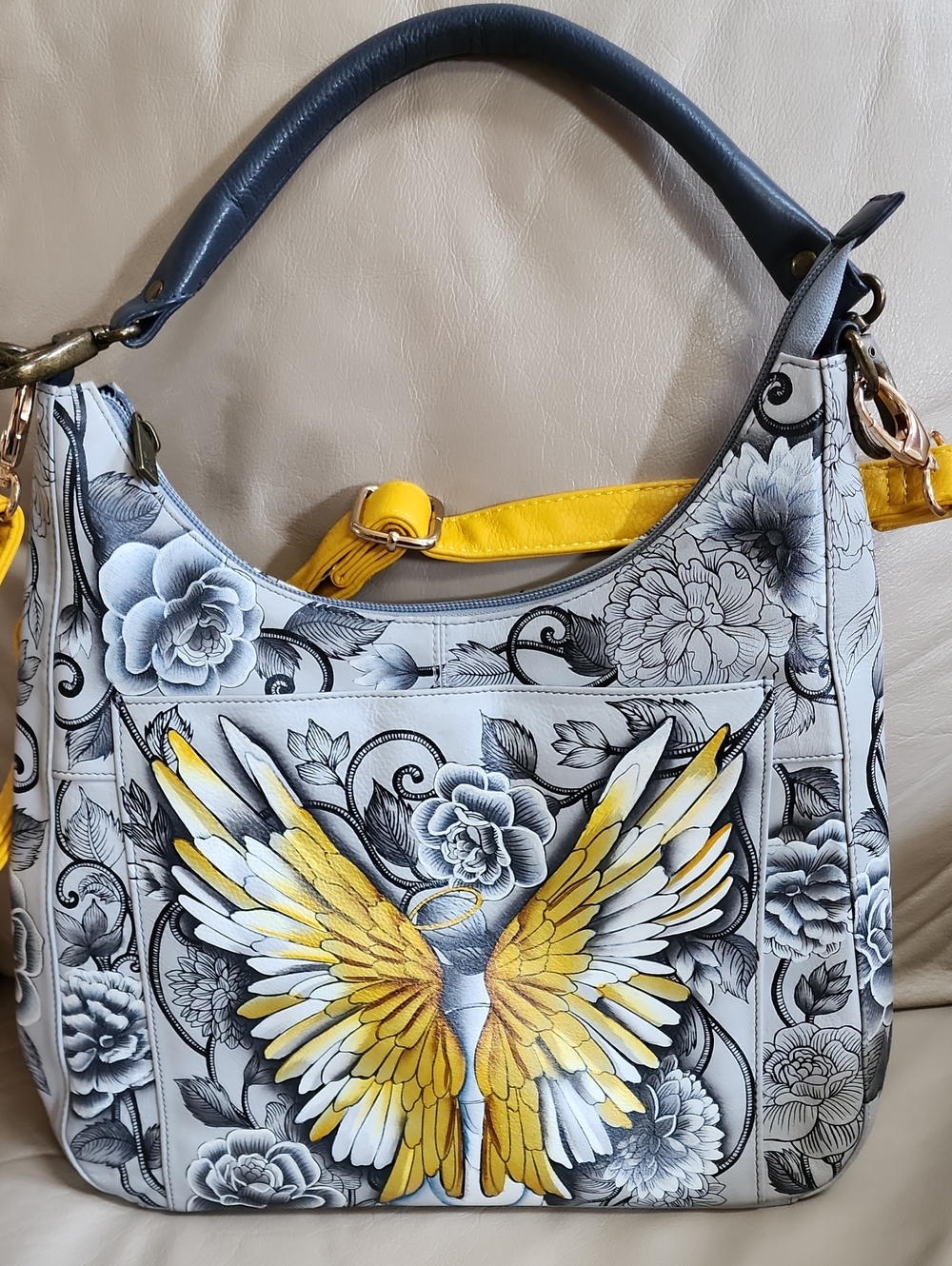 Anuschka Yellow White Gray Floral Angel Wing-Print Shoulder Bag